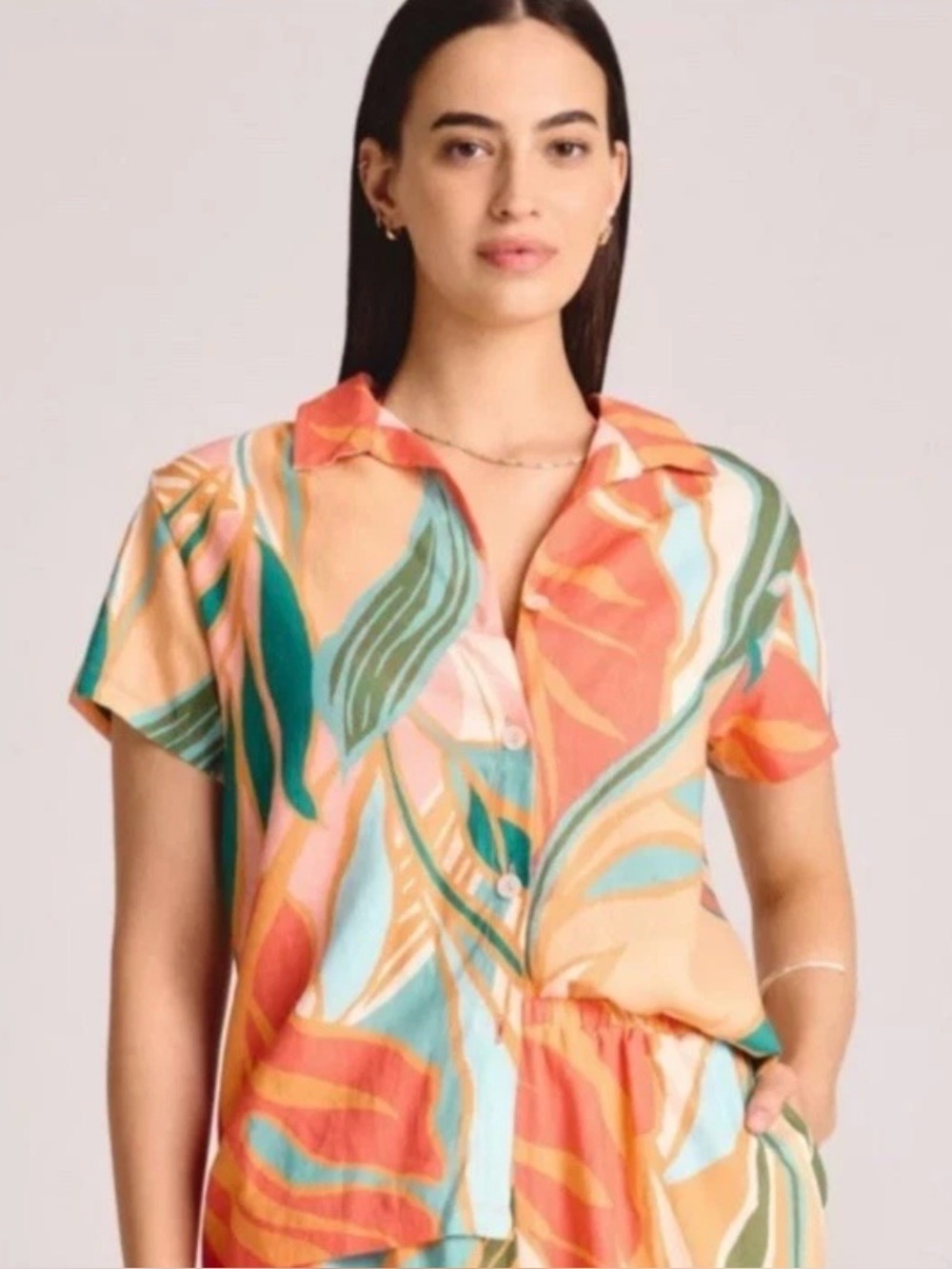 Vitamin A Tropical Leaf Button-Down Top in Coral, Teal & Peach